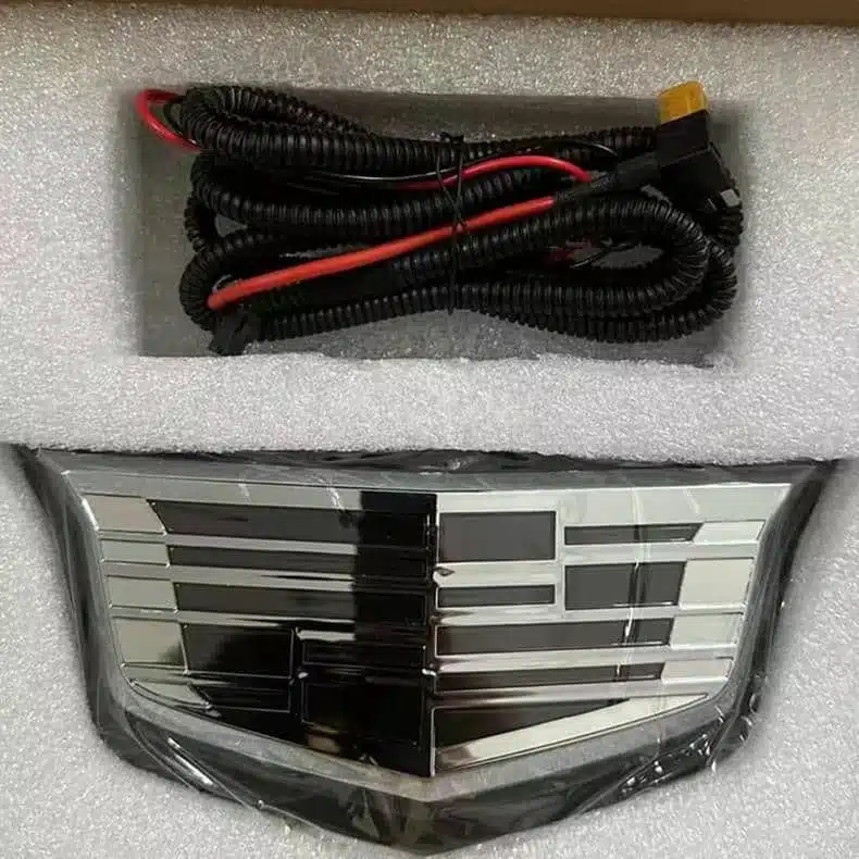 Cadillac CT5 light up emblem — white LED, silver finish, front view